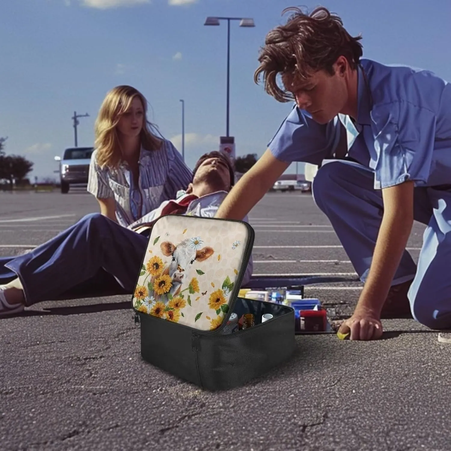 Cow Cute First Aid Bag Empty Large Medical Kit Bag Empty Sunflower First Aid Pouch Travel First Aid Storage Organizer Bag for Car Home Office Kitchen Sport Outdoors