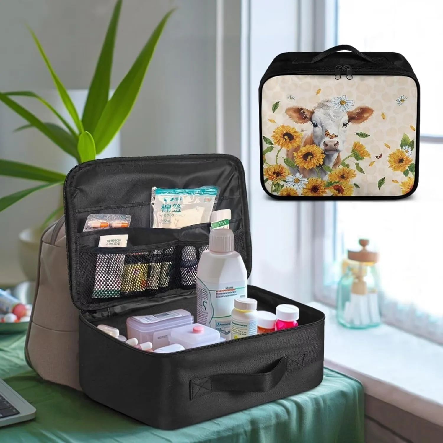 Cow Cute First Aid Bag Empty Large Medical Kit Bag Empty Sunflower First Aid Pouch Travel First Aid Storage Organizer Bag for Car Home Office Kitchen Sport Outdoors