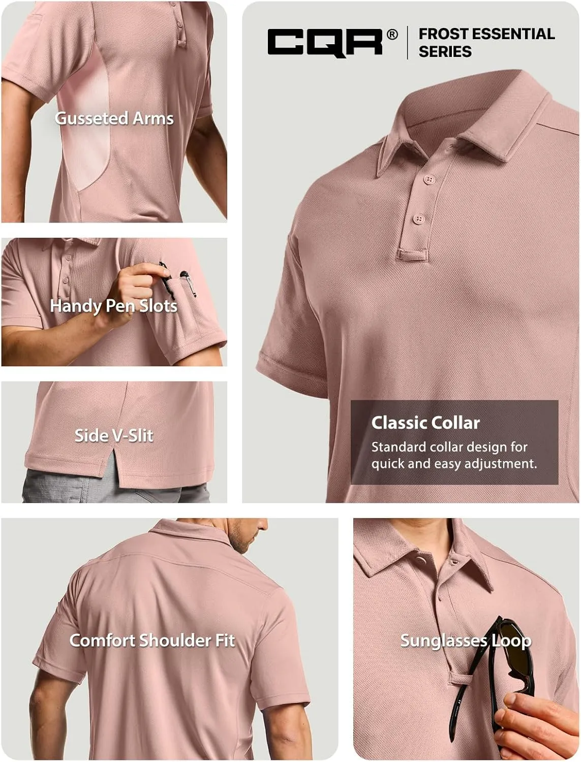 CQR Men's Polo Shirts, Tactical Short Sleeve Golf Performance Shirts, Lightweight Dry Fit UPF 50  Pique