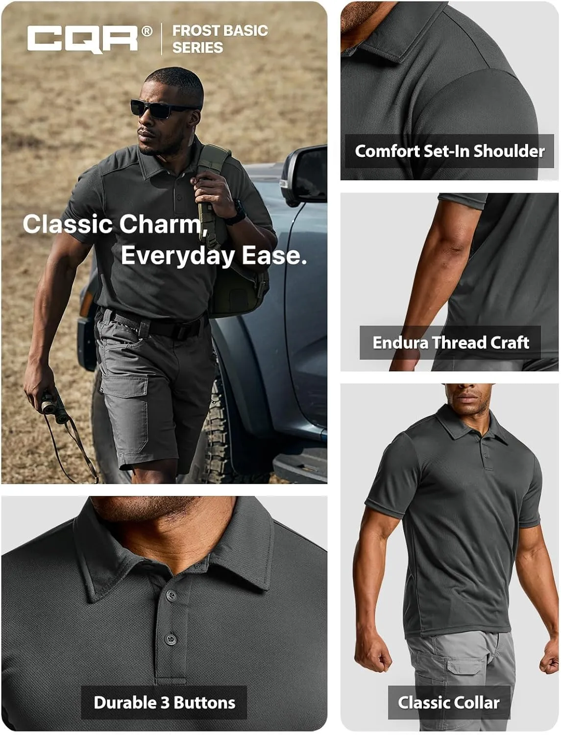 CQR Men's Polo Shirts, Tactical Short Sleeve Golf Performance Shirts, Lightweight Dry Fit UPF 50  Pique