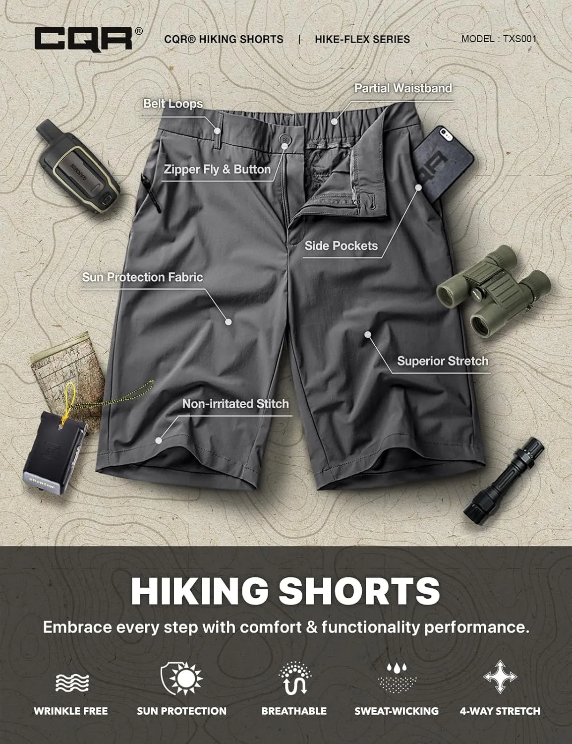 CQR Men's Quick Dry Stretch Hiking Cargo Shorts, Lightweight Water Resistant Tactical Casual, Golf & Outdoor with Pockets