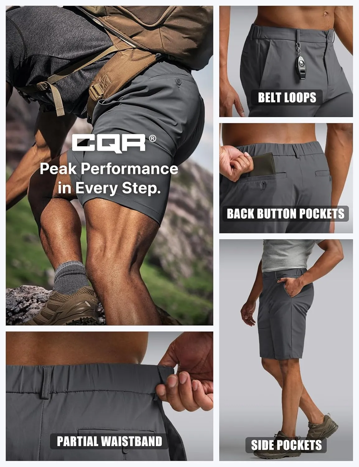 CQR Men's Quick Dry Stretch Hiking Cargo Shorts, Lightweight Water Resistant Tactical Casual, Golf & Outdoor with Pockets