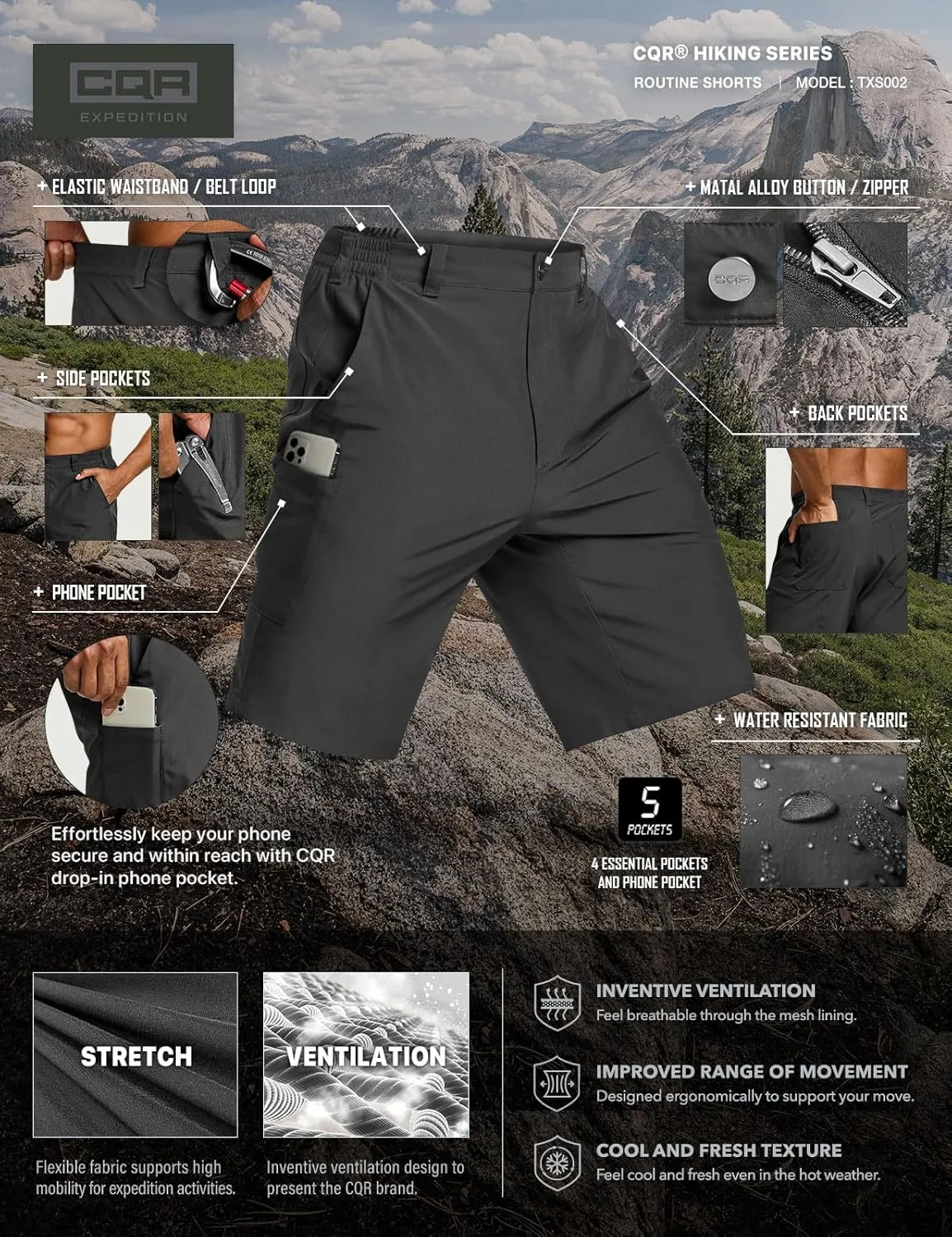 CQR Men's Quick Dry Stretch Hiking Cargo Shorts, Lightweight Water Resistant Tactical Casual, Golf & Outdoor with Pockets