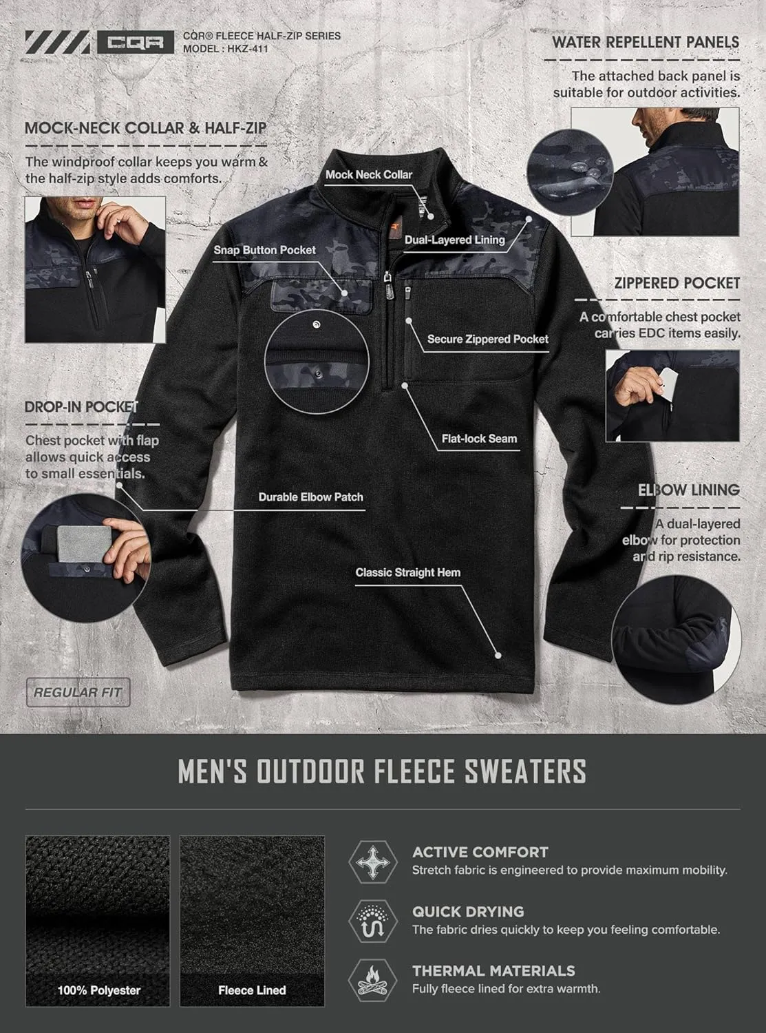 CQR Men's Thermal Fleece Half Zip Pullover, Winter Outdoor Warm Sweater, Lightweight Long Sleeve Sweatshirt