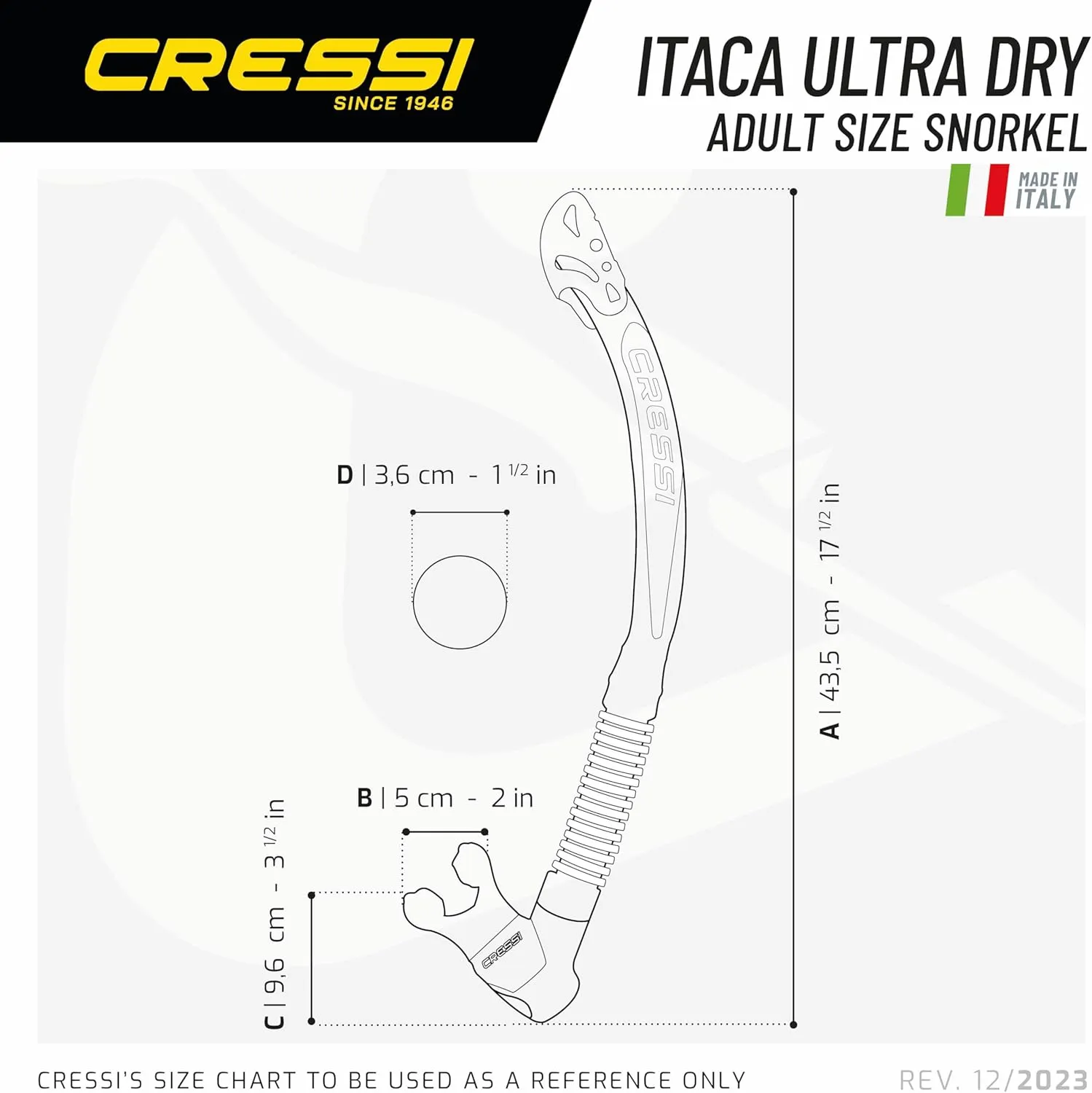 Cressi Adult Dry Snorkel for Scuba Diving, Snorkeling with Dry Guard and Purge Valve - Itaca Ultra Dry made in Italy