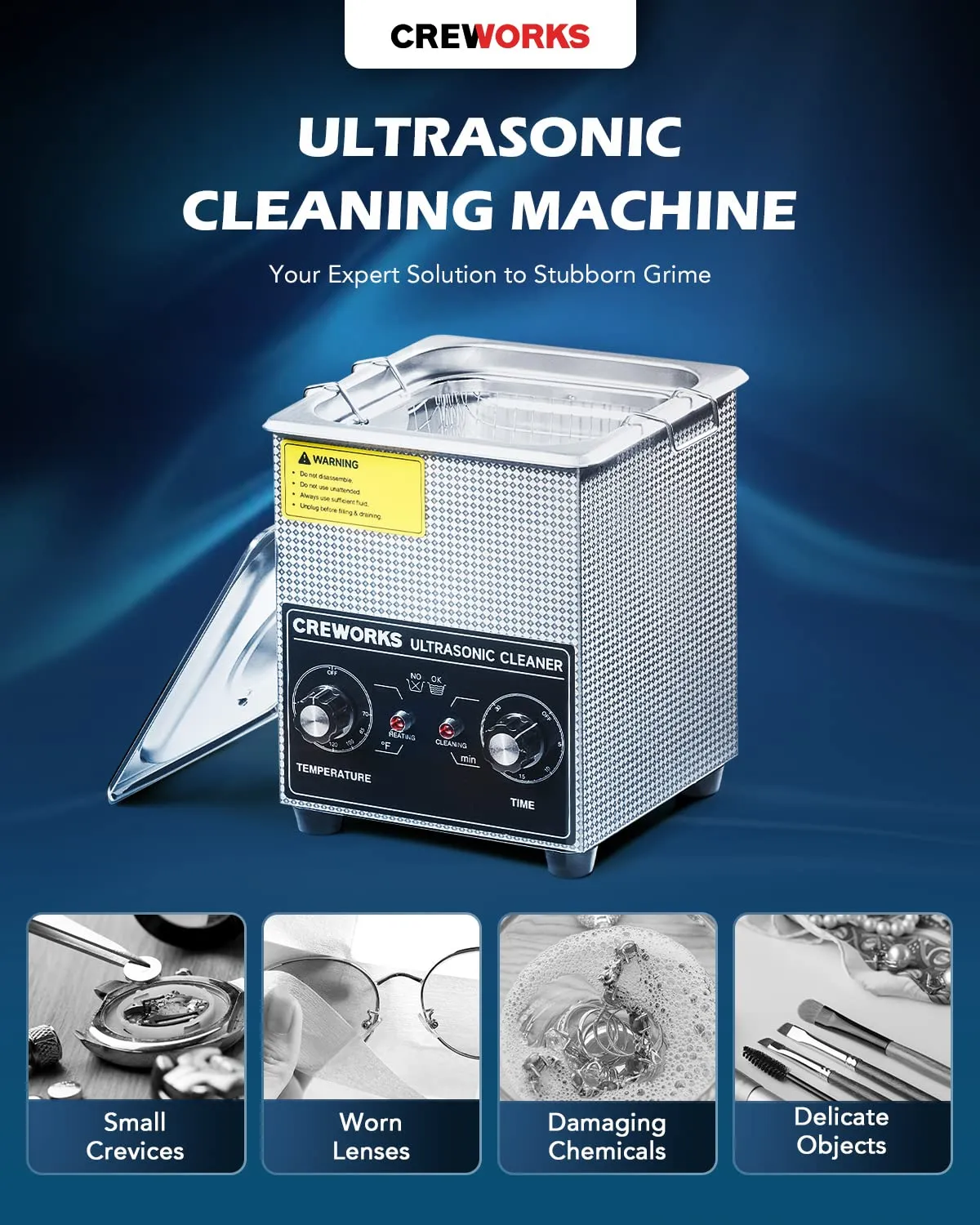 CREWORKS 2L Ultrasonic Cleaner with Heater & Timer, 60W 304 Stainless Steel Sonic Cleaner, 0.5 gal Compact Ultrasonic Parts Cleaner, Professional Lab Ultrasonic Cleaner for Jewelry Watch Coin Glasses