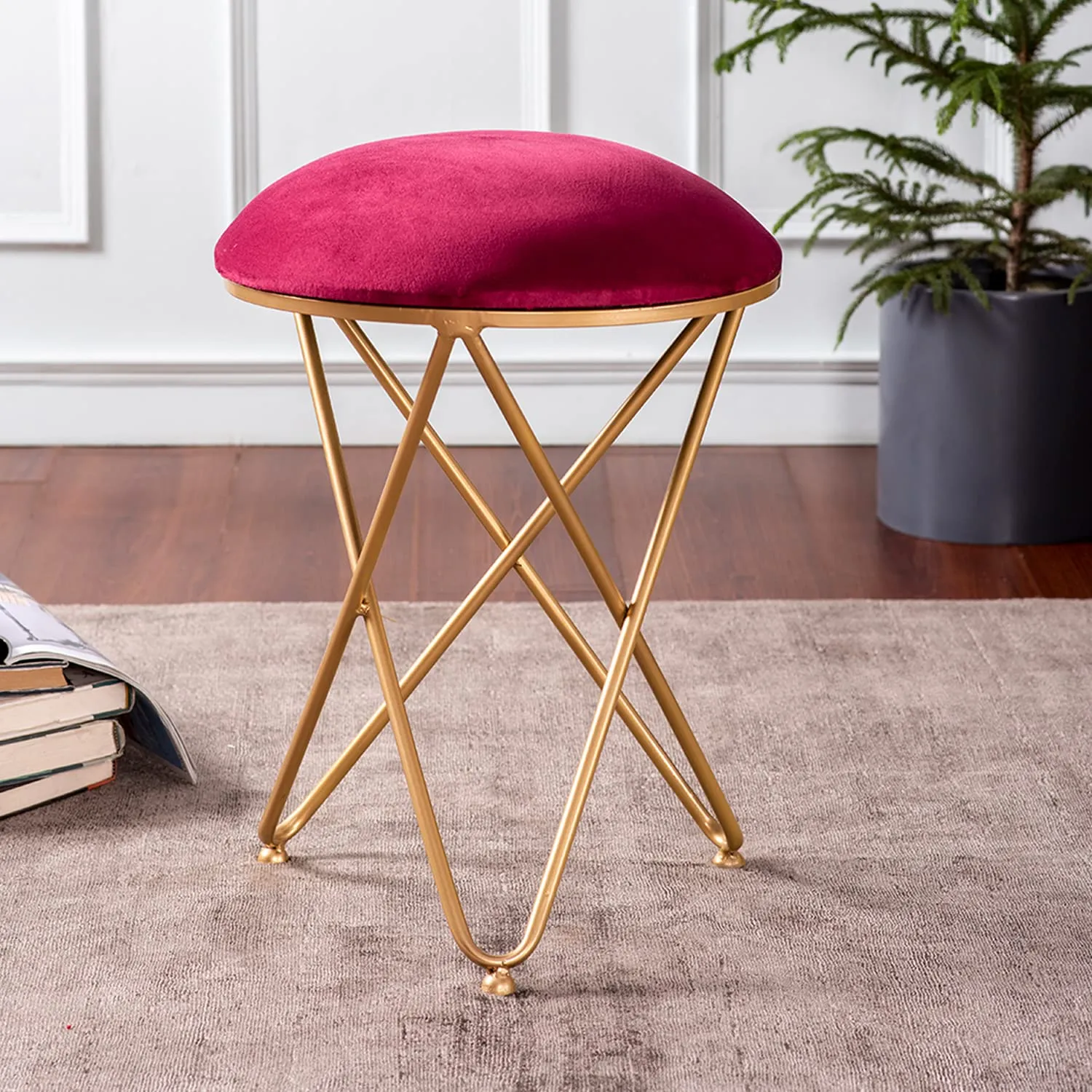 Cross Leg Ottoman Stool Velvet Top For Living Room