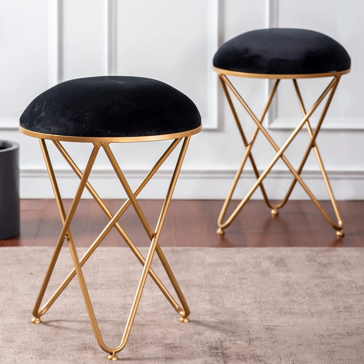 Cross Leg Ottoman Stool Velvet Top For Living Room