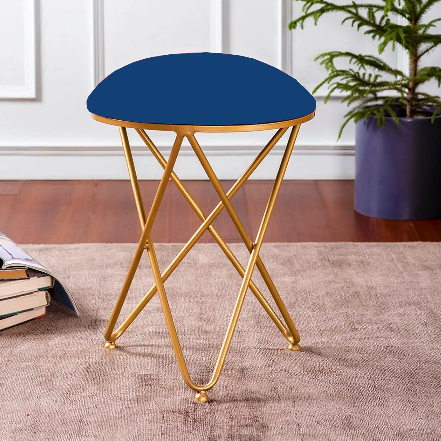 Cross Leg Ottoman Stool Velvet Top For Living Room