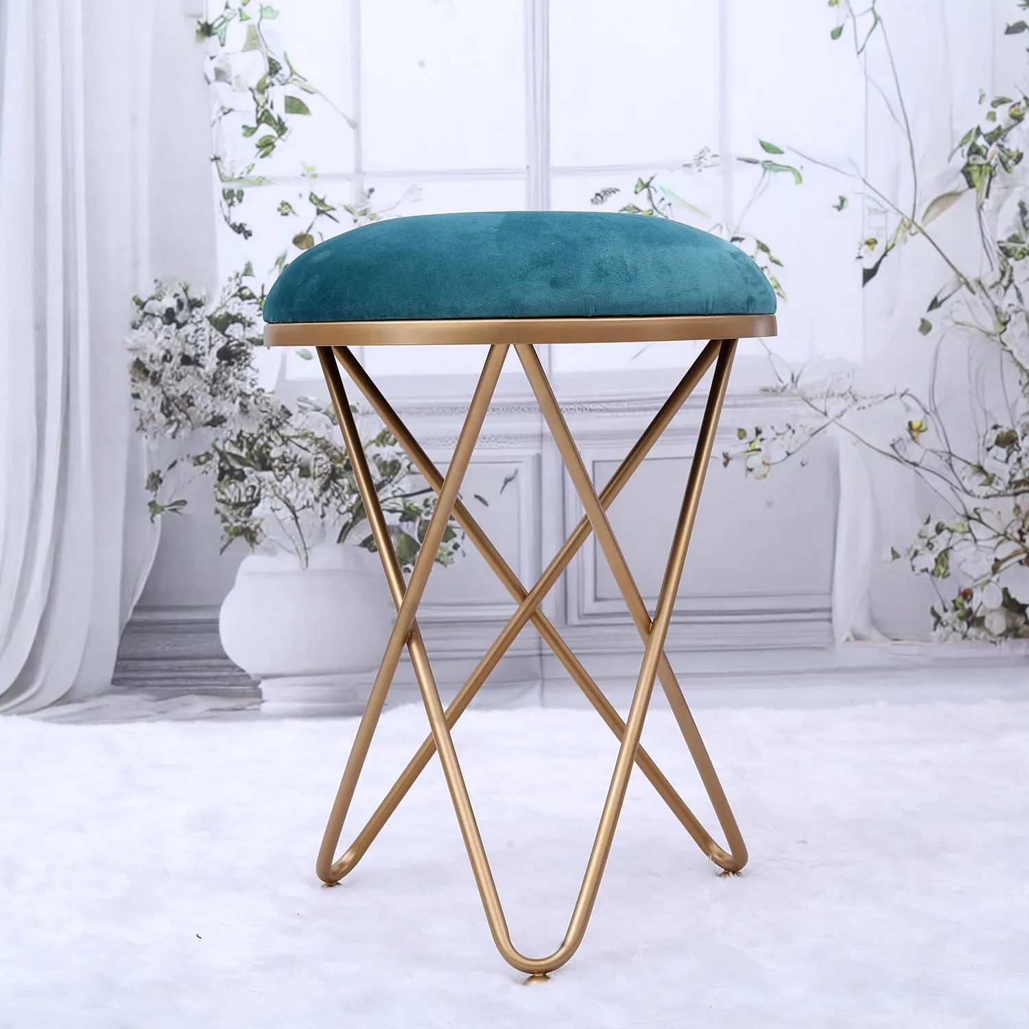Cross Leg Ottoman Stool Velvet Top For Living Room