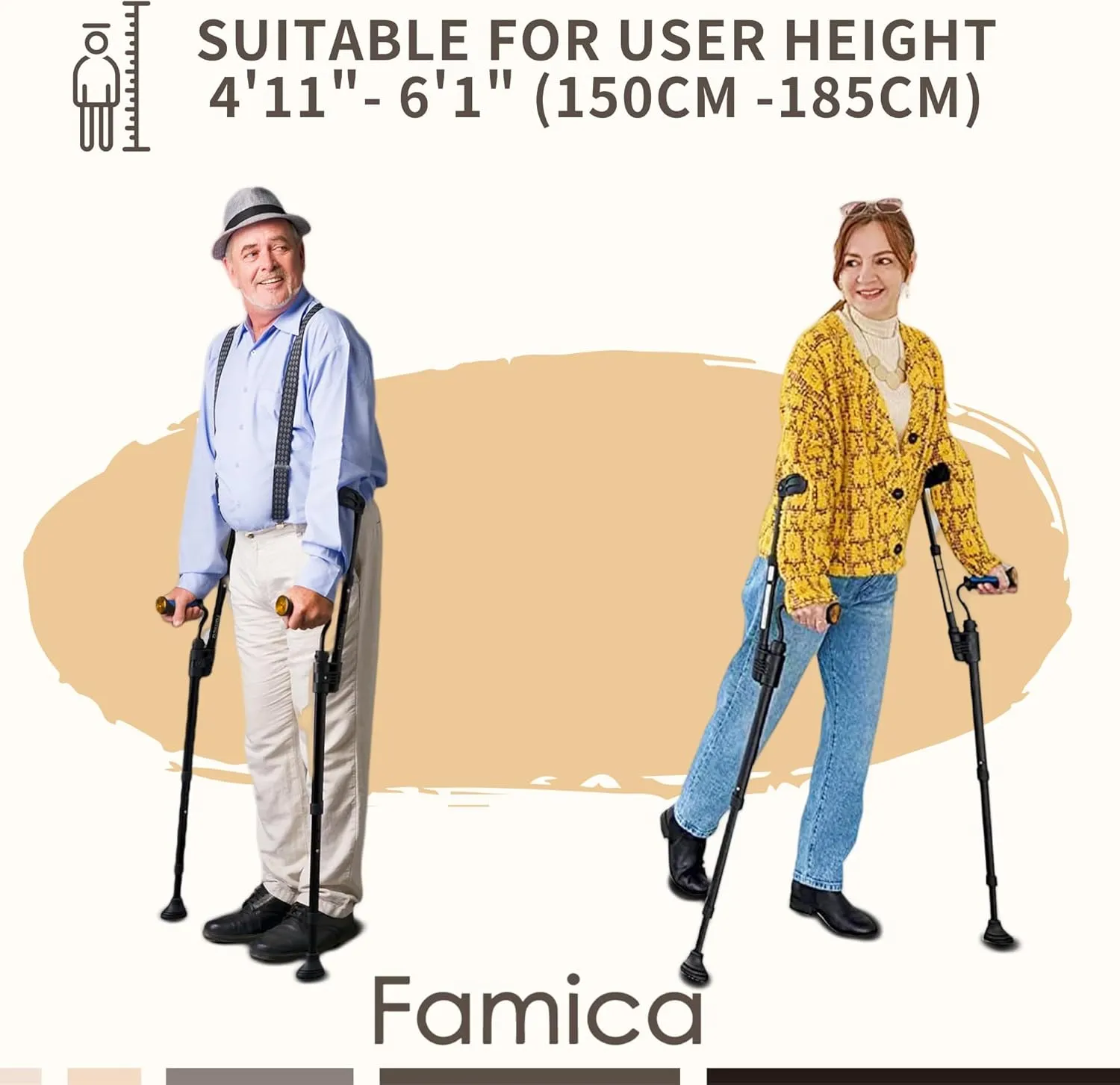Crutch for Adult (x1 Unit, Open Cuff) - Adjustable Ergonomic Handles, Cuff, Height, Foldable, Lightweight and Non-slip Forearm Crutches