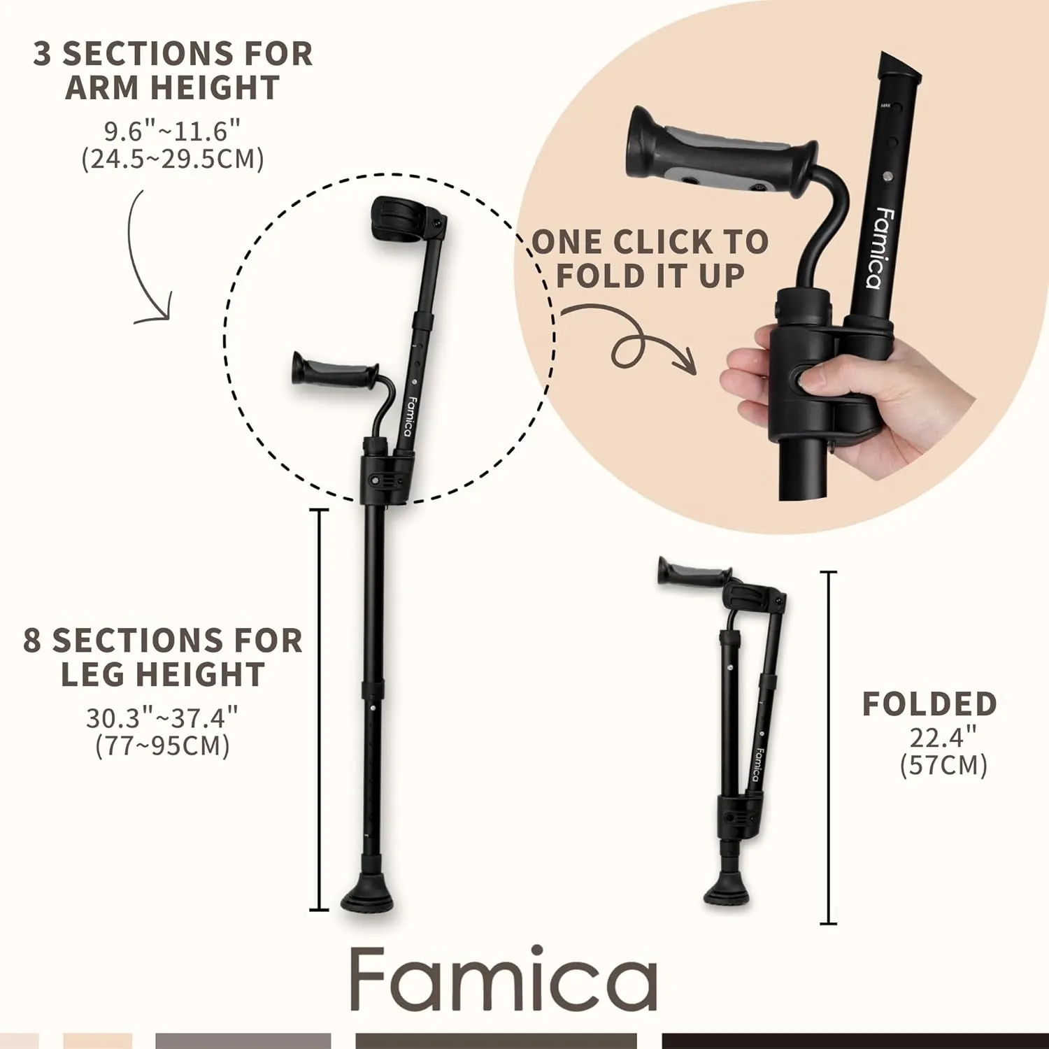 Crutch for Adult (x1 Unit, Open Cuff) - Adjustable Ergonomic Handles, Cuff, Height, Foldable, Lightweight and Non-slip Forearm Crutches