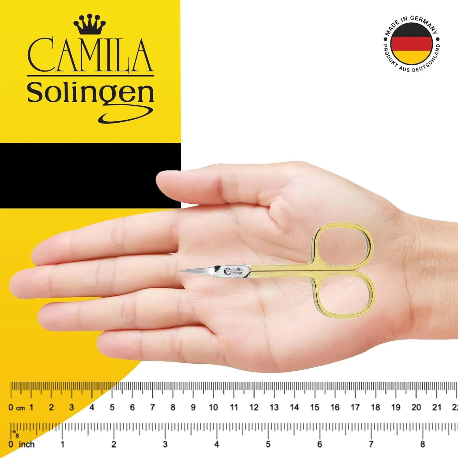 CS04 Professional Nail Cuticle Scissors, Hypoallergenic Gold Plated Sharp Curved Manicure Pedicure Grooming for Finger and Toe Nail Care. Made of Stainless Steel in Solingen, Germany