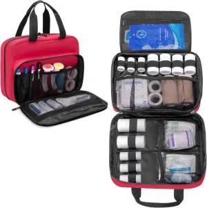 CURMIO Medical Storage Bag, Empty Emergency Kit Bag with Multiple Pockets, Portable First Aid Kit for Home Health Care Supplies, Travel, Camping, Red, Bag Only