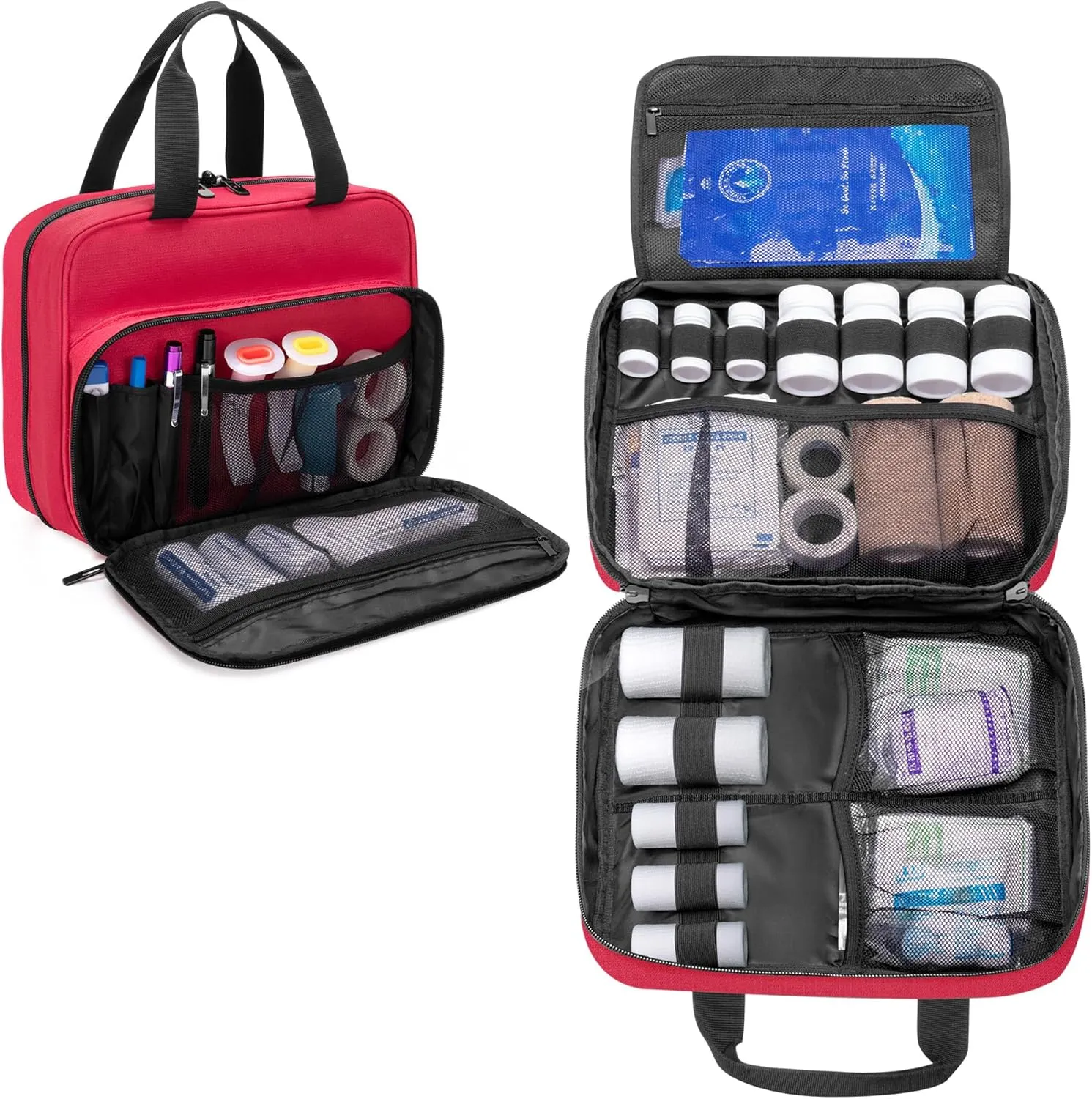 CURMIO Medical Storage Bag, Empty Emergency Kit Bag with Multiple Pockets, Portable First Aid Kit for Home Health Care Supplies, Travel, Camping, Red, Bag Only