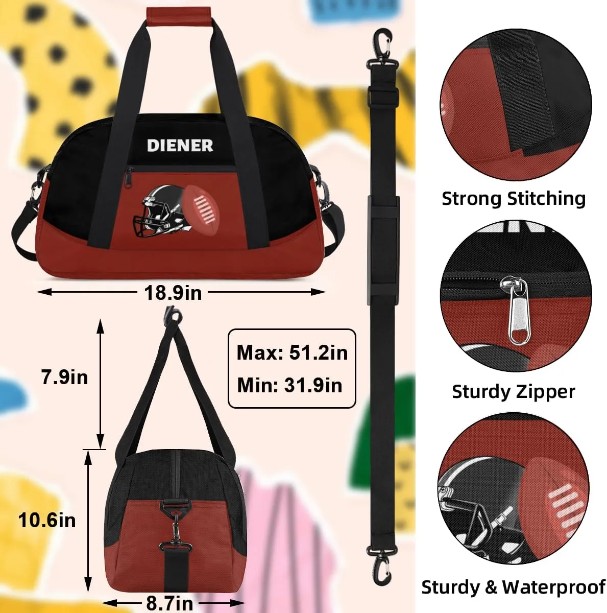 Custom Mini Gym Duffel Bag for Women Men Personalized American Football Waterproof Carry On Weekender Bag