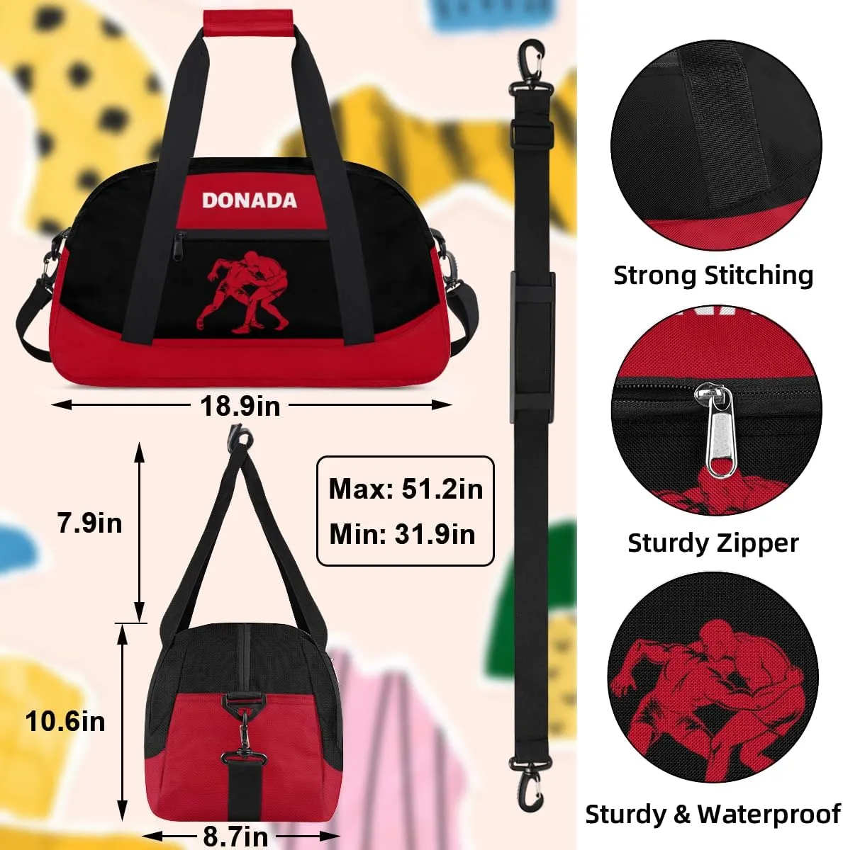 Custom Mini Gym Duffel Bag for Women Men Personalized Wrestling Print Waterproof Carry On Weekender Bag