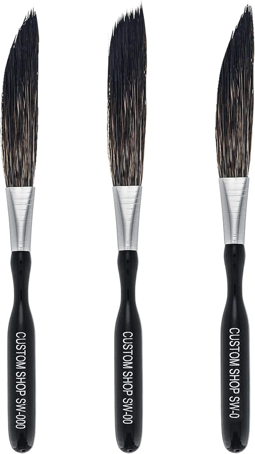 Custom Shop SW Sword Pinstriping Brush 3 Size Kit (#0, 00, 000) One of Each All 3 Brush Styles - High Performance Striping Brushes