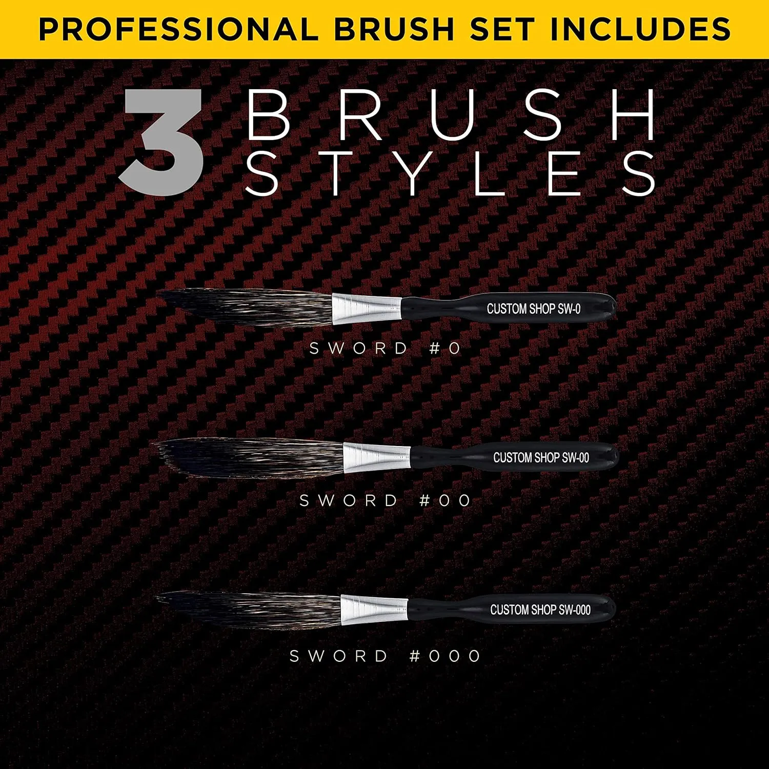 Custom Shop SW Sword Pinstriping Brush 3 Size Kit (#0, 00, 000) One of Each All 3 Brush Styles - High Performance Striping Brushes