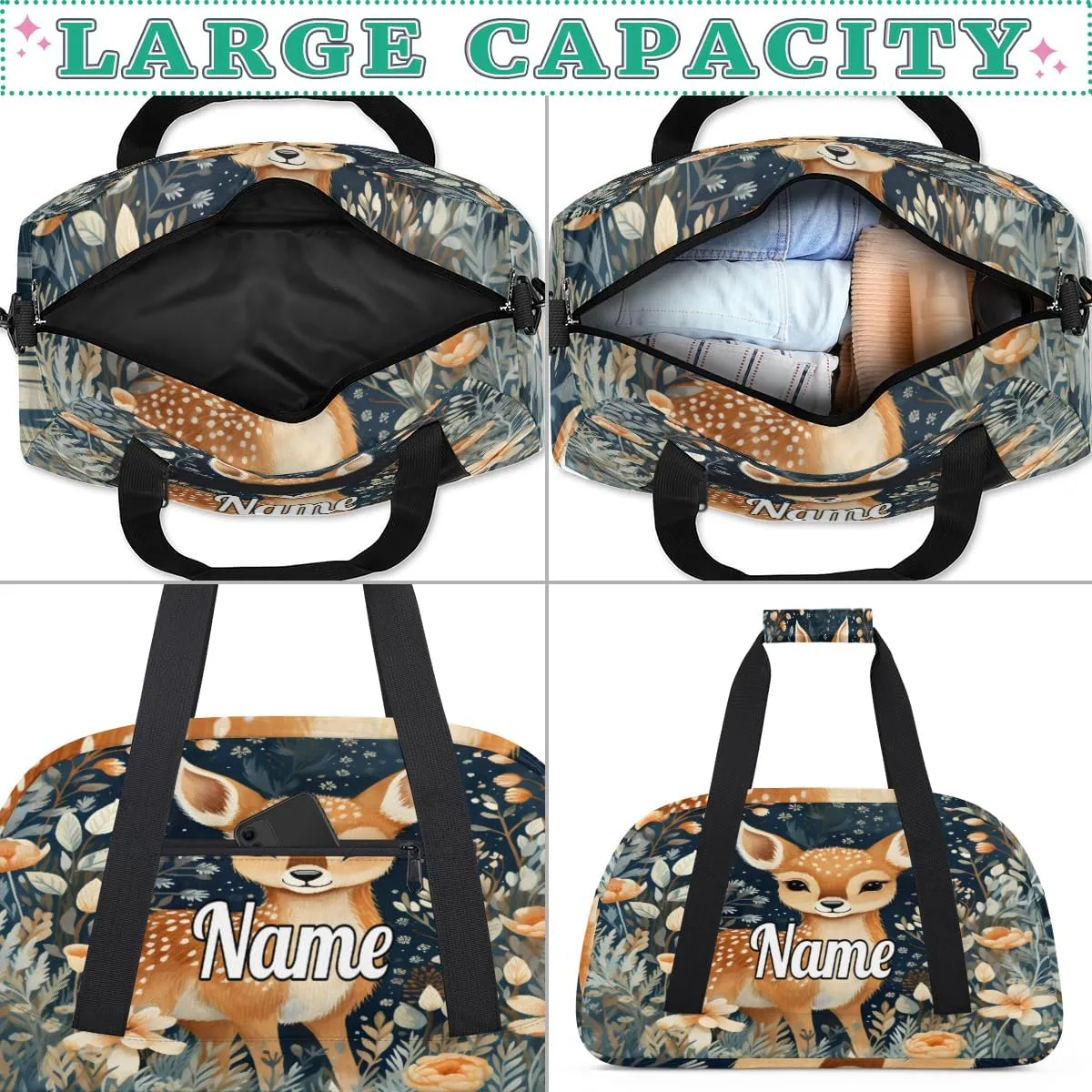 Cute Animal Deer Print Custom Name Sport Duffel Bag Dance Bag for Girls Teens Personalized Ballet Bag Gift for Birthday Christmas Helloween