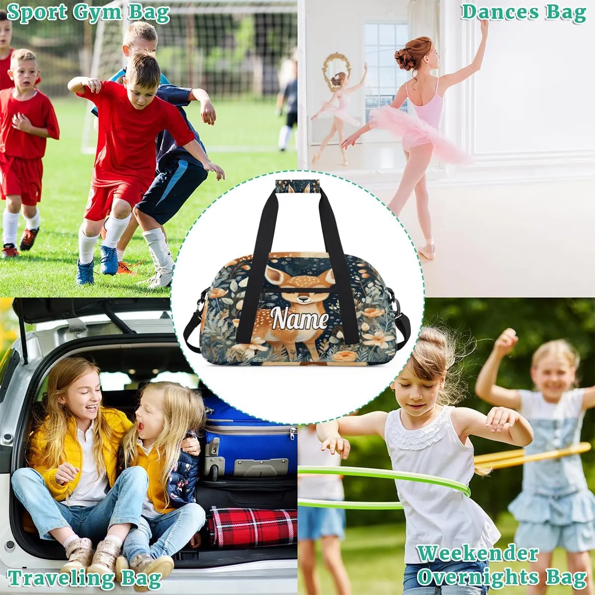Cute Animal Deer Print Custom Name Sport Duffel Bag Dance Bag for Girls Teens Personalized Ballet Bag Gift for Birthday Christmas Helloween