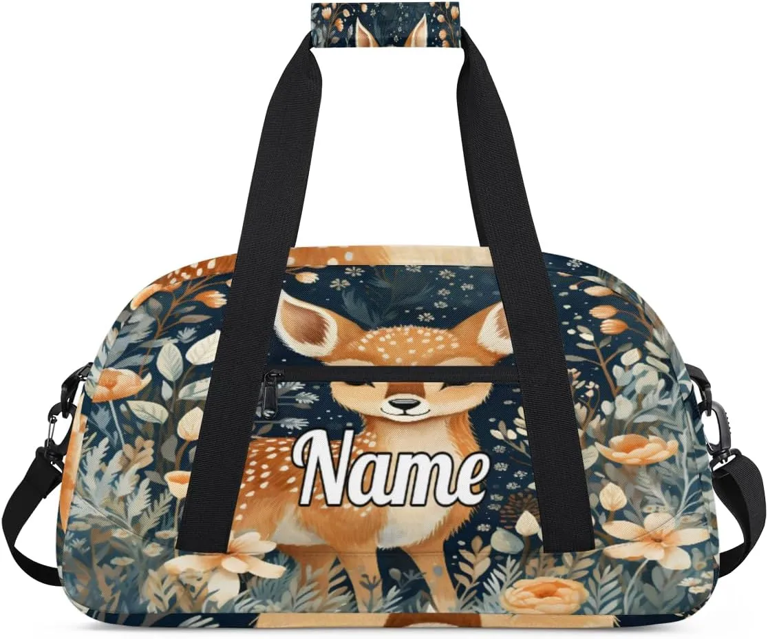 Cute Animal Deer Print Custom Name Sport Duffel Bag Dance Bag for Girls Teens Personalized Ballet Bag Gift for Birthday Christmas Helloween