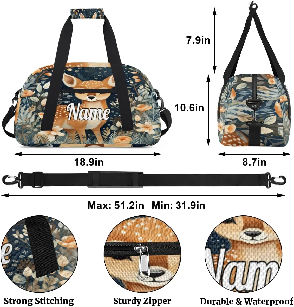 Cute Animal Deer Print Custom Name Sport Duffel Bag Dance Bag for Girls Teens Personalized Ballet Bag Gift for Birthday Christmas Helloween