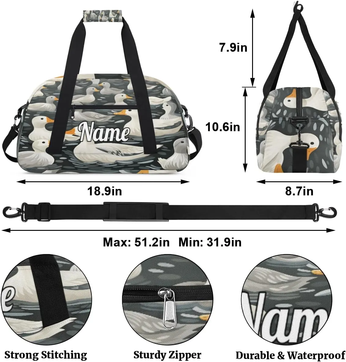 Cute Duck Personalized Kids Gym Bag Custom Name Sport Duffel Bag Dance Ballet Bag for Girls Practice Workout Bag