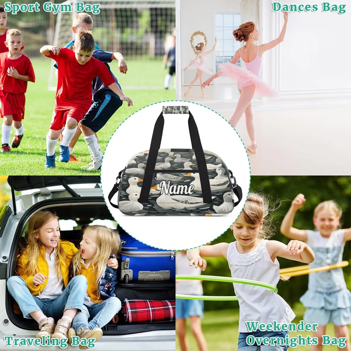 Cute Duck Personalized Kids Gym Bag Custom Name Sport Duffel Bag Dance Ballet Bag for Girls Practice Workout Bag