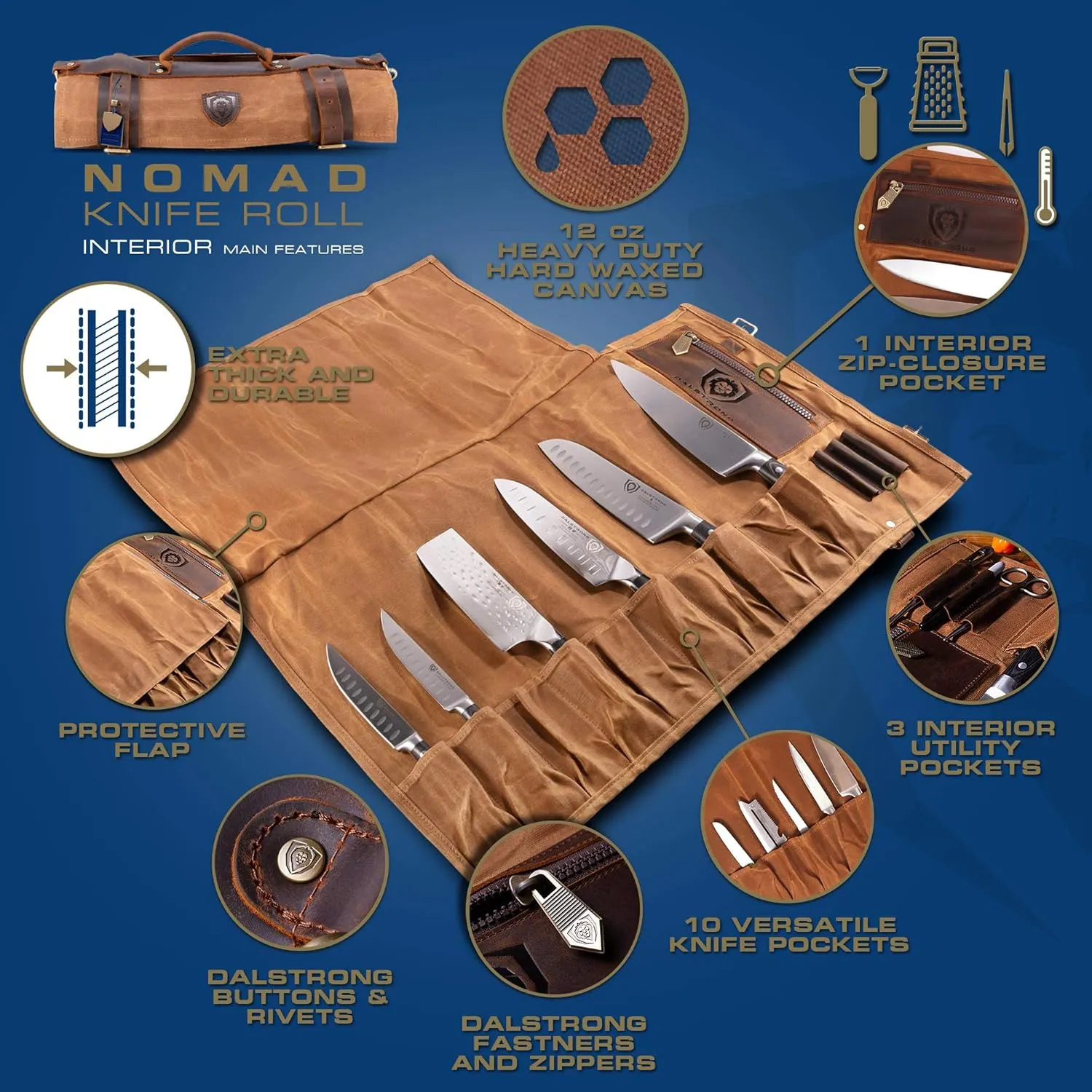 Dalstrong Nomad Knife Wrap Roll - 12oz Waxed Canvas Top Grain Leather Knife Roll Bag- 13 Slots - Interior & Rear Zipper Pockets - Travel Storage with Blade