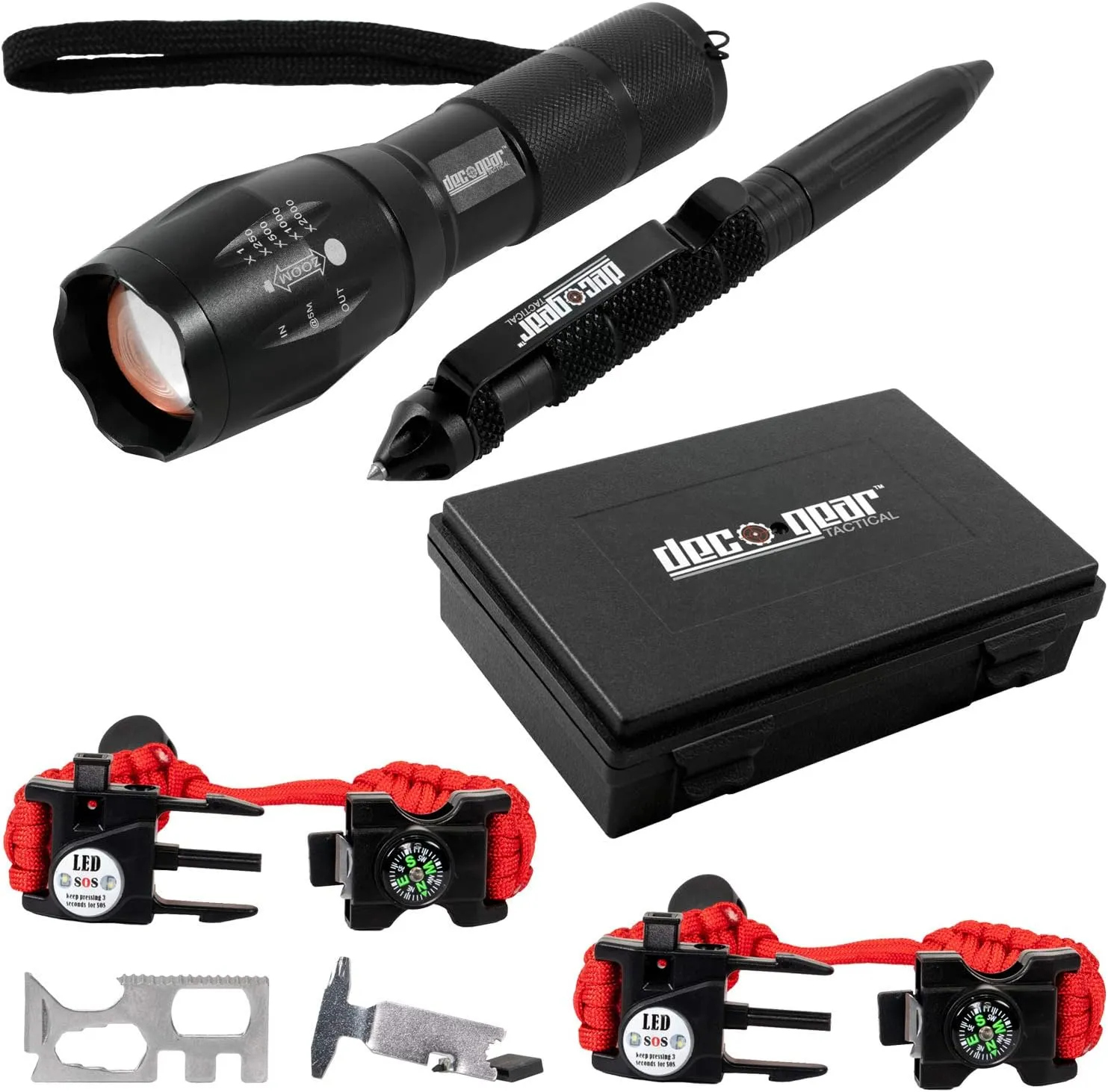 Deco Gear FPT100BK Tactical Flashlight and Pen Set   2-Pack Survival Bracelet Gift Bundle