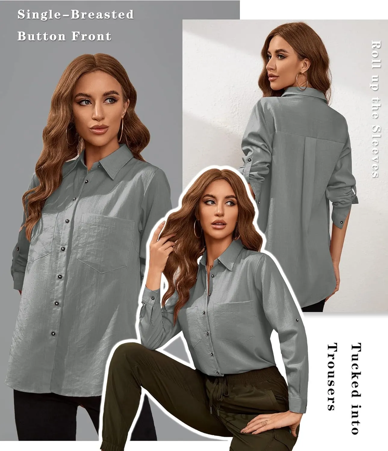 Deer Lady Womens Button Down Shirts Roll Up Long Sleeve Casual Blouse Shirts Tops