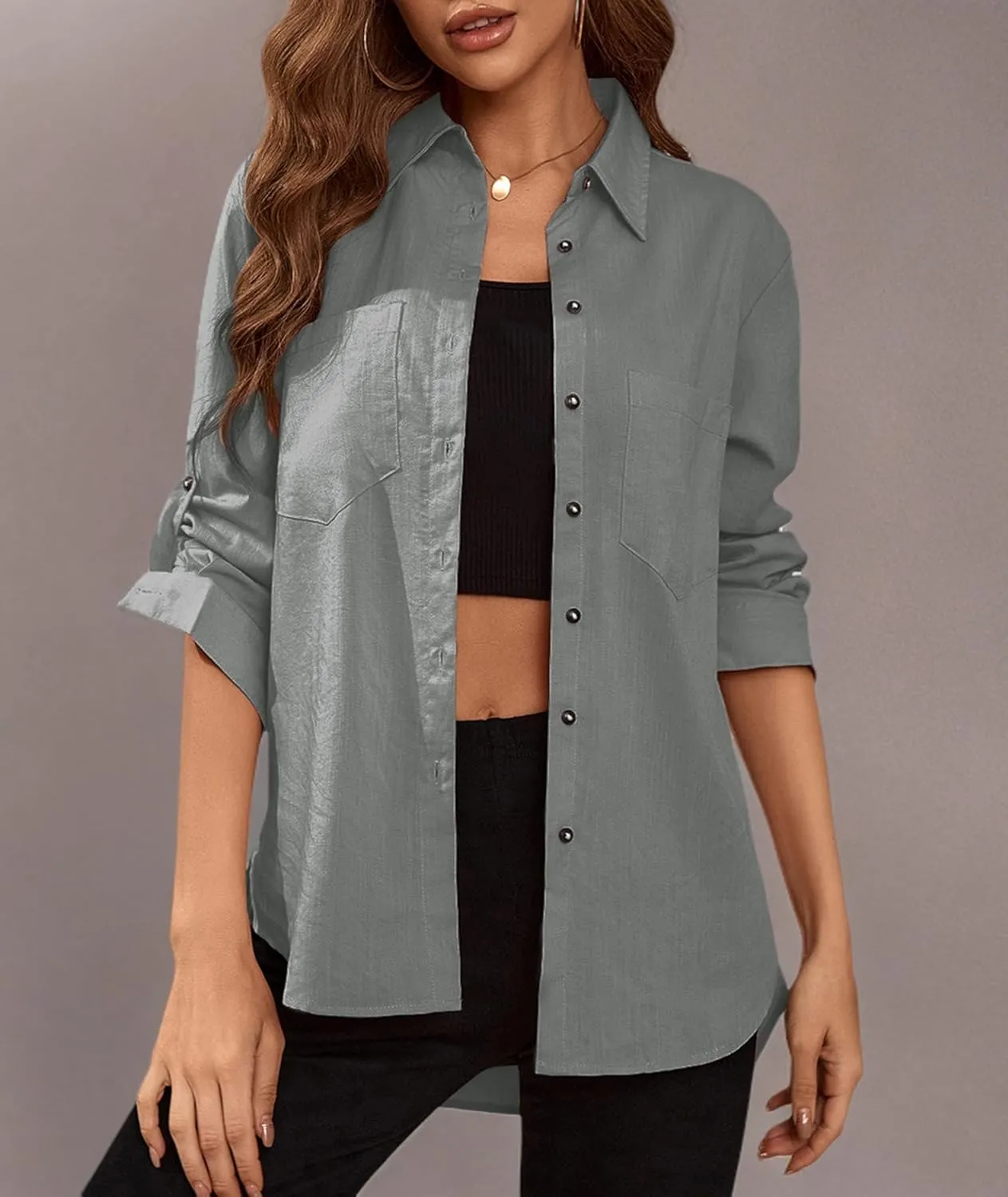 Deer Lady Womens Button Down Shirts Roll Up Long Sleeve Casual Blouse Shirts Tops