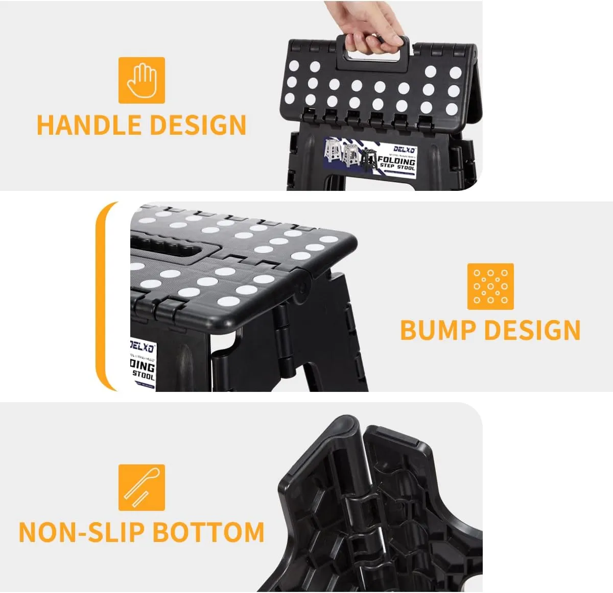 Delxo 16” Folding Step Stool in Black,1 Pack Premium Foldable Stool for Adults,Portable Collapsible Plastic Step Stool,Non Slip Folding Stools for Kitchen Bathroom Bedroom Up to 400LBS