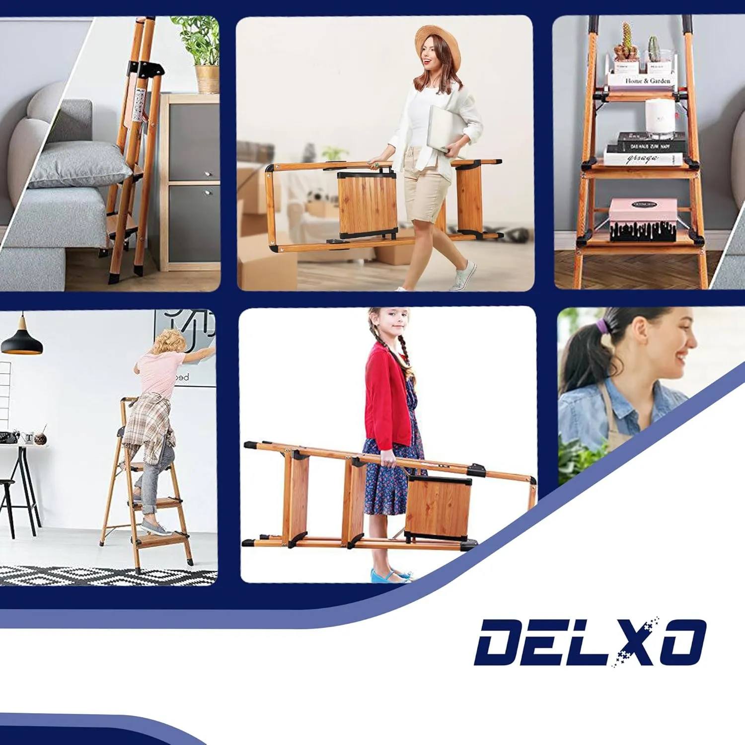 Delxo Portable Collapsible Lightweight Aluminum 3 Step Stool Step Ladder with Long Handrails and Safety Latch Mechanism, Woodgrain Finish