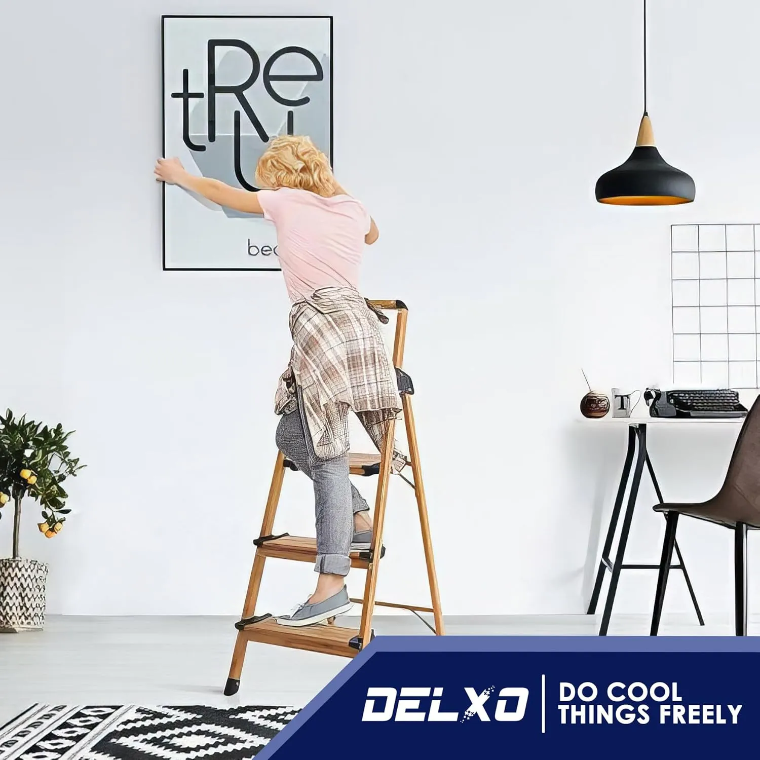 Delxo Portable Collapsible Lightweight Aluminum 3 Step Stool Step Ladder with Long Handrails and Safety Latch Mechanism, Woodgrain Finish