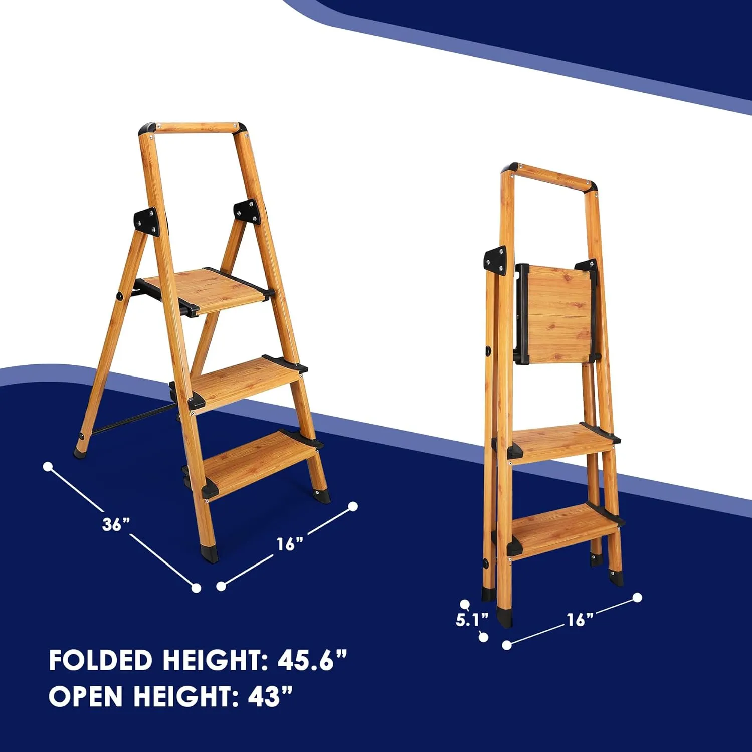 Delxo Portable Collapsible Lightweight Aluminum 3 Step Stool Step Ladder with Long Handrails and Safety Latch Mechanism, Woodgrain Finish