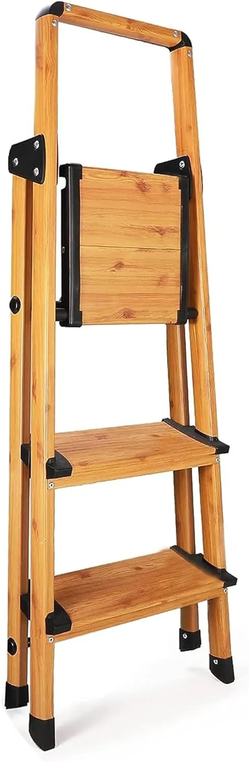 Delxo Portable Collapsible Lightweight Aluminum 3 Step Stool Step Ladder with Long Handrails and Safety Latch Mechanism, Woodgrain Finish