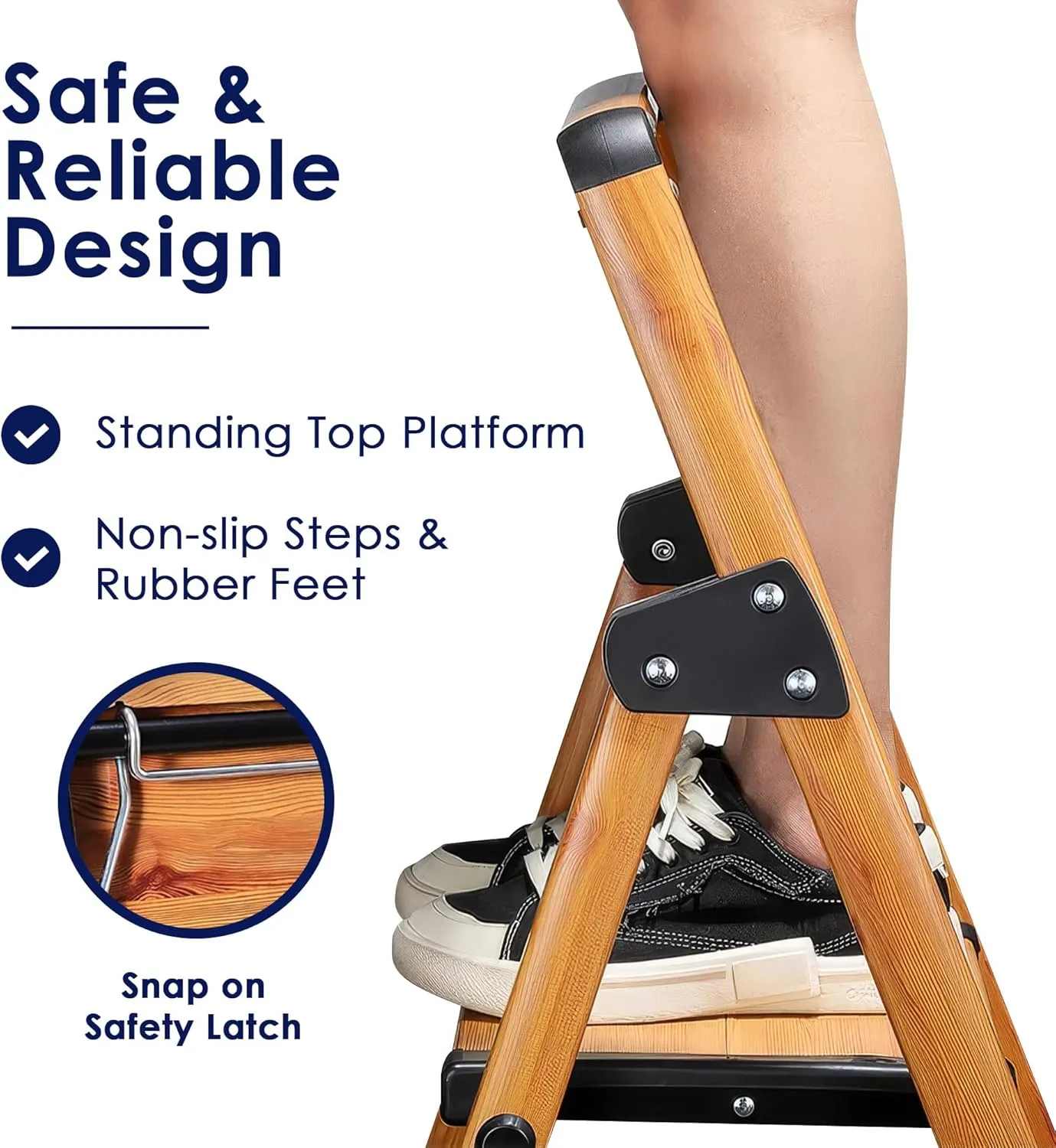 Delxo Portable Collapsible Lightweight Aluminum 3 Step Stool Step Ladder with Long Handrails and Safety Latch Mechanism, Woodgrain Finish