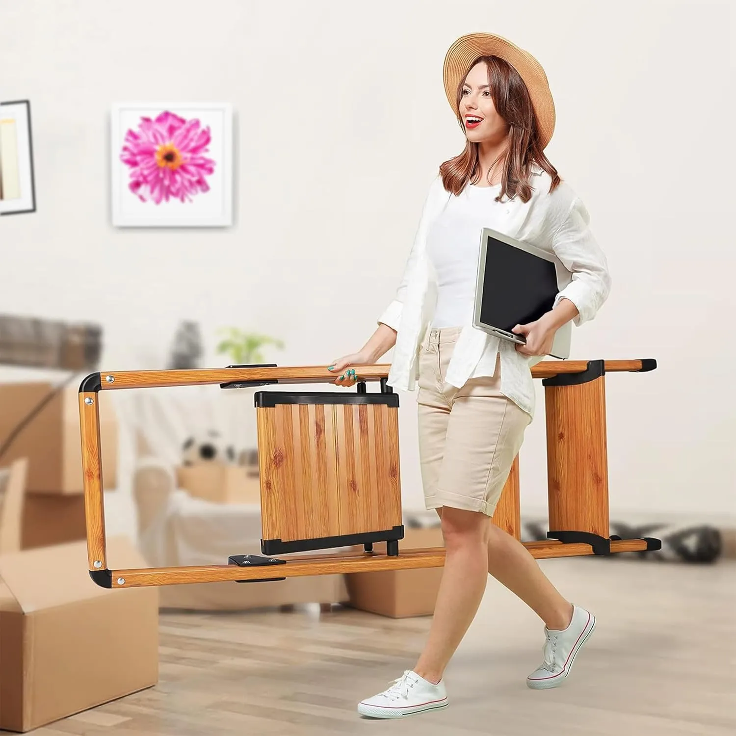 Delxo Portable Collapsible Lightweight Aluminum 3 Step Stool Step Ladder with Long Handrails and Safety Latch Mechanism, Woodgrain Finish