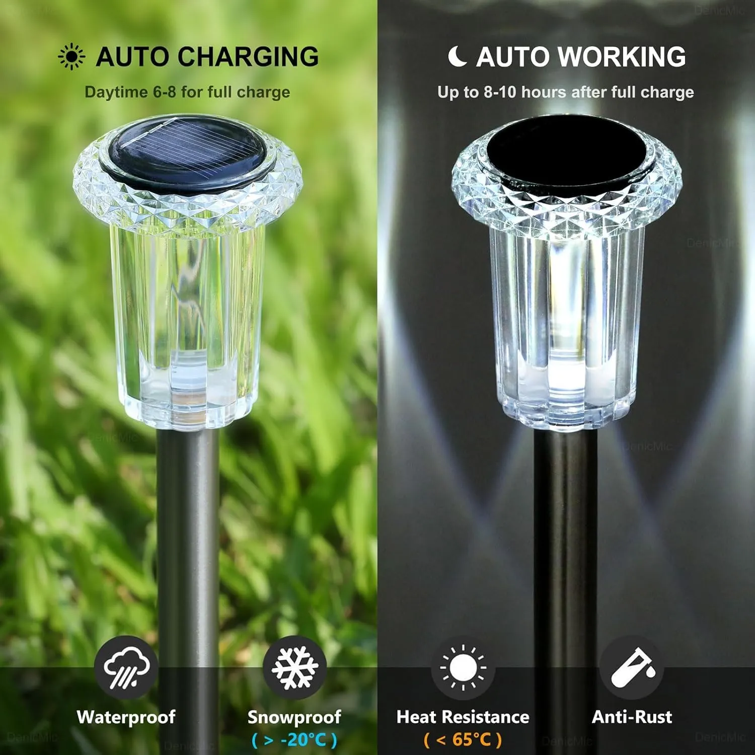 DenicMic Solar Lights Outdoor Pathway Lights 6000K LED Waterproof Acrylic Lamp Head Stainless Steel Stake for Yard Garden Landscape Path Walkway Driveway Patio Lawn (Cold White 10Pack)