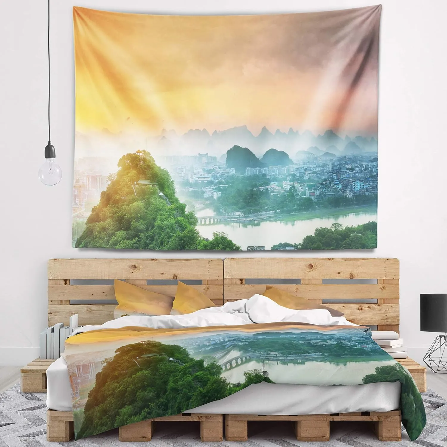 Designart ' Li River and Karst Mountains' Landscape Tapestry Blanket Décor Wall Art for Home and Office x Large: 80 in. x 68 in