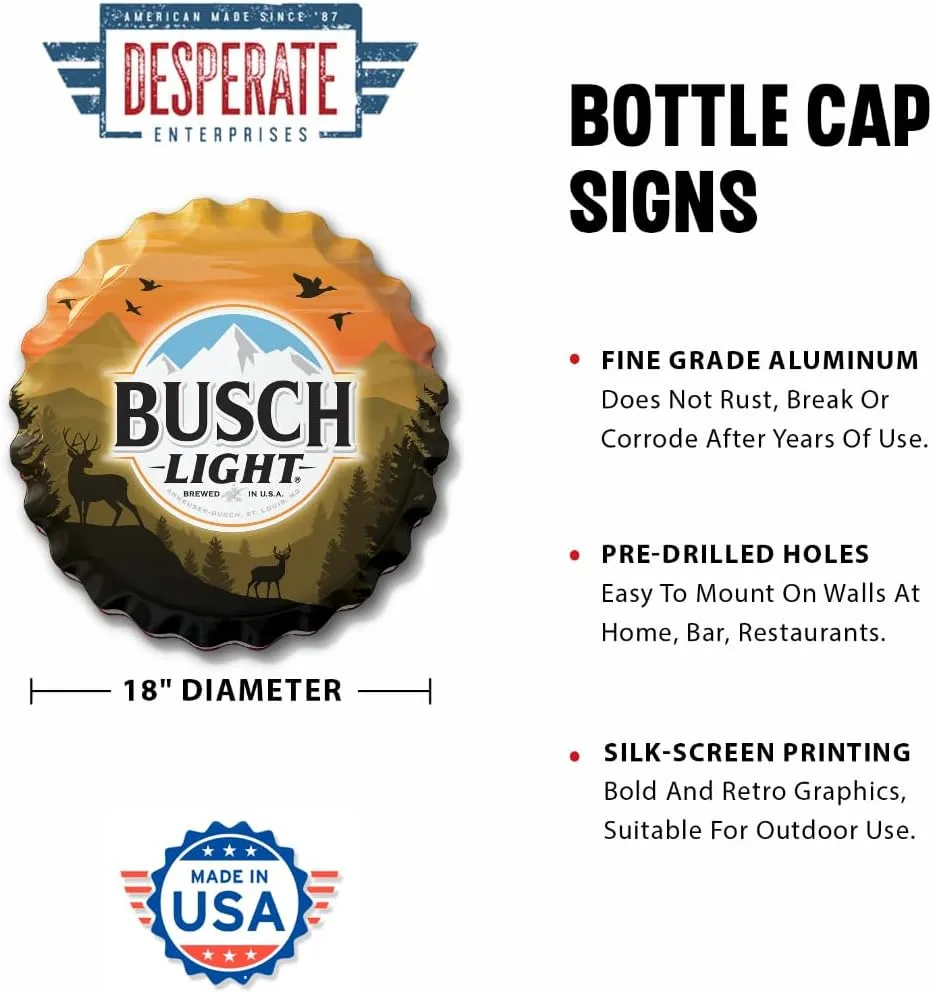 Desperate Enterprises Busch Light Hunting Bottle Cap Sign - Garage Signs - Beer Signs - Vintage Metal Signs - Busch Light Bottle Cap Sign - Made in the USA - 18" Round