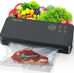 DEVINC Vacuum Sealer Machine, Compact Food Sealer with 10 Vaccum Bags & 1 Bag Roll, Multi-functional Food Vacuum Sealer for Food Storage, Dry & Moist Food Modes with Built-in Cutter, Black