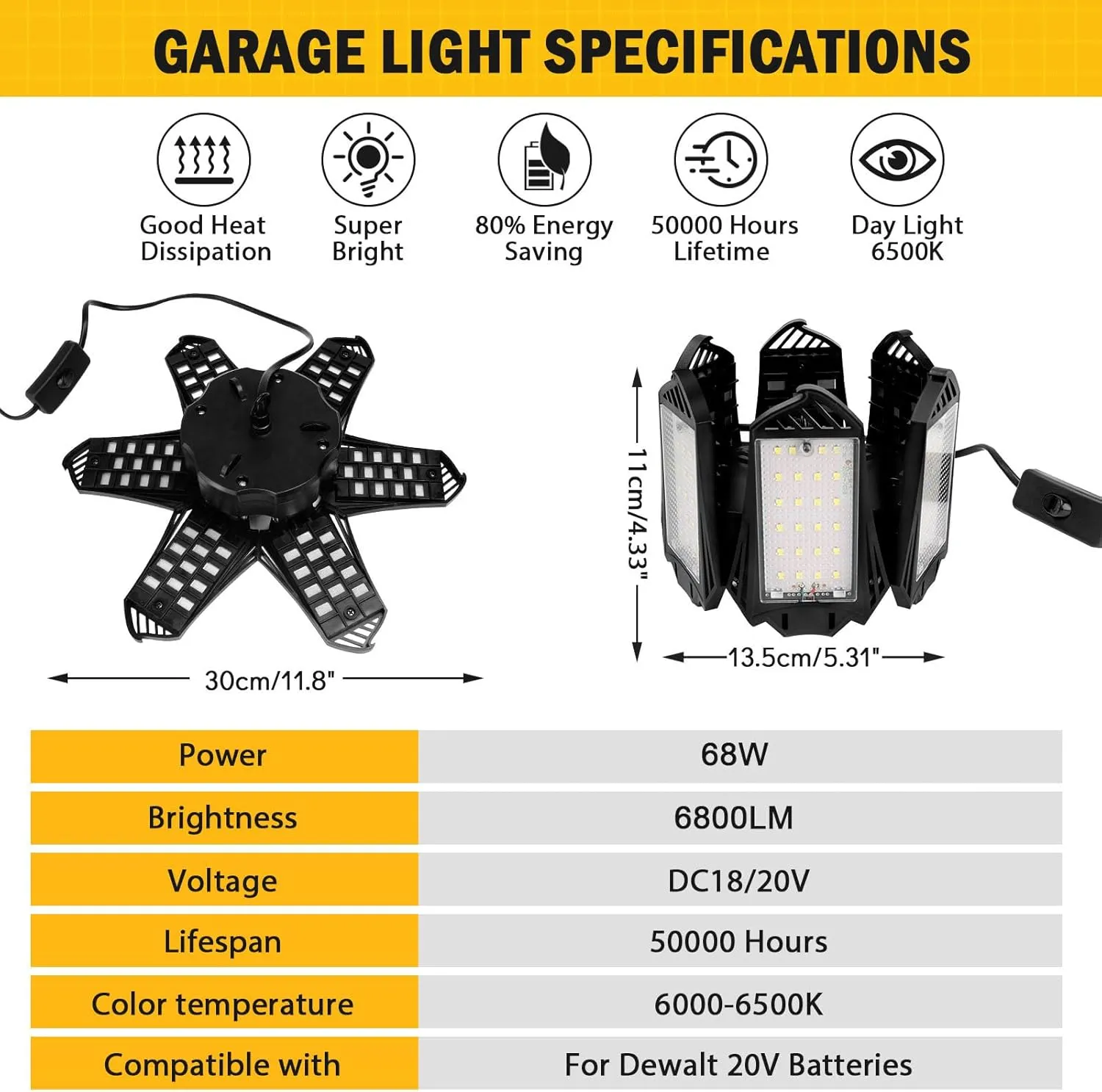 DEWALT LED Work Light for 20V Battery, 68W 6800LM Garage Flood and Ceiling Lights, Ideal for Car Repairs, Workshop, Camping