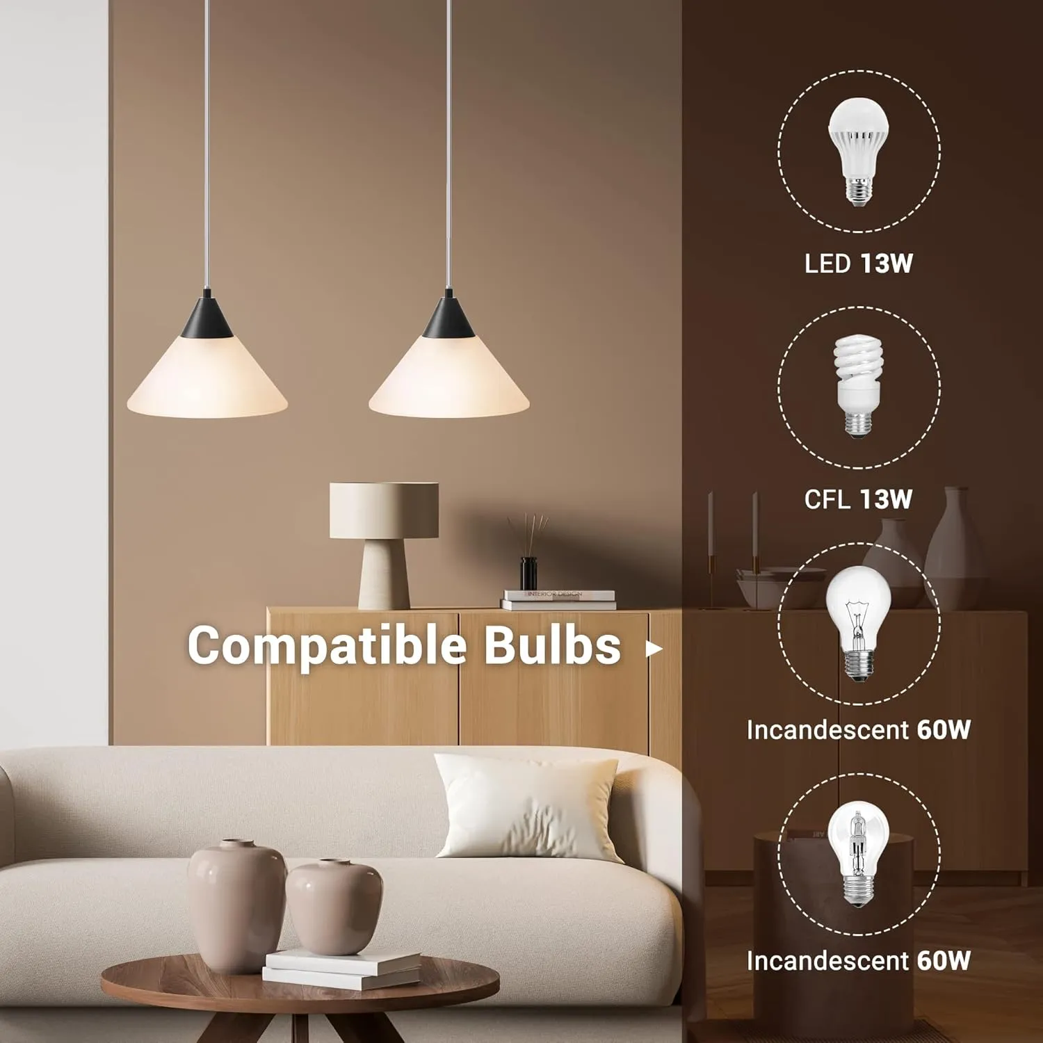 DEWENWILS Hanging Pendant Light Plug in, Pendant Light with 15Ft Clear Cord, On/Off Switch, Frosted Plastic White Shade, Hanging Lamp for Living Room Bedroom Dining Hall, 2 Pack