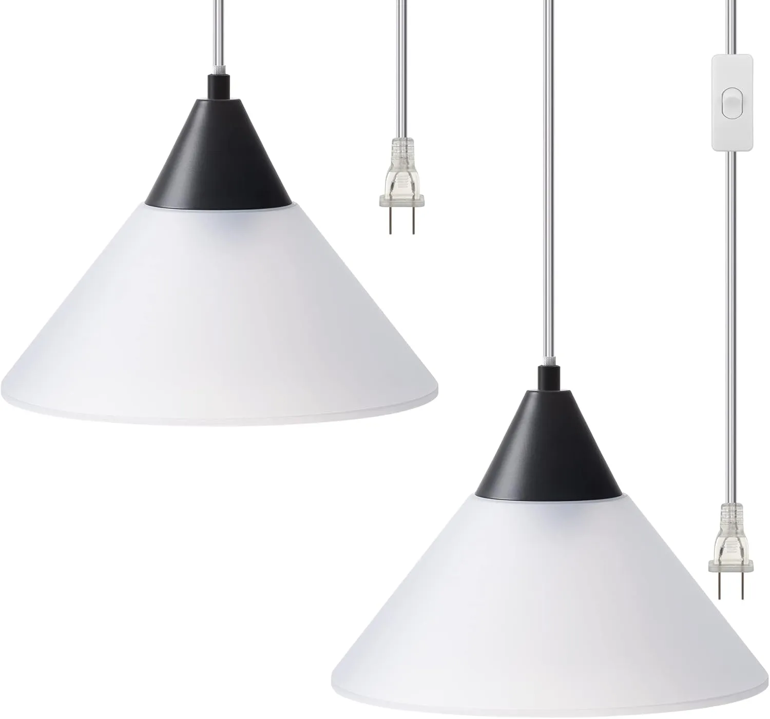 DEWENWILS Hanging Pendant Light Plug in, Pendant Light with 15Ft Clear Cord, On/Off Switch, Frosted Plastic White Shade, Hanging Lamp for Living Room Bedroom Dining Hall, 2 Pack