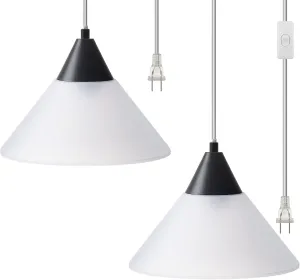 DEWENWILS Hanging Pendant Light Plug in, Pendant Light with 15Ft Clear Cord, On/Off Switch, Frosted Plastic White Shade, Hanging Lamp for Living Room Bedroom Dining Hall, 2 Pack