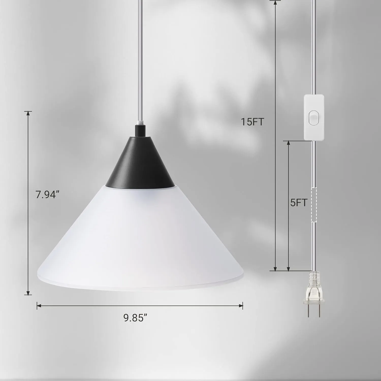 DEWENWILS Hanging Pendant Light Plug in, Pendant Light with 15Ft Clear Cord, On/Off Switch, Frosted Plastic White Shade, Hanging Lamp for Living Room Bedroom Dining Hall, 2 Pack