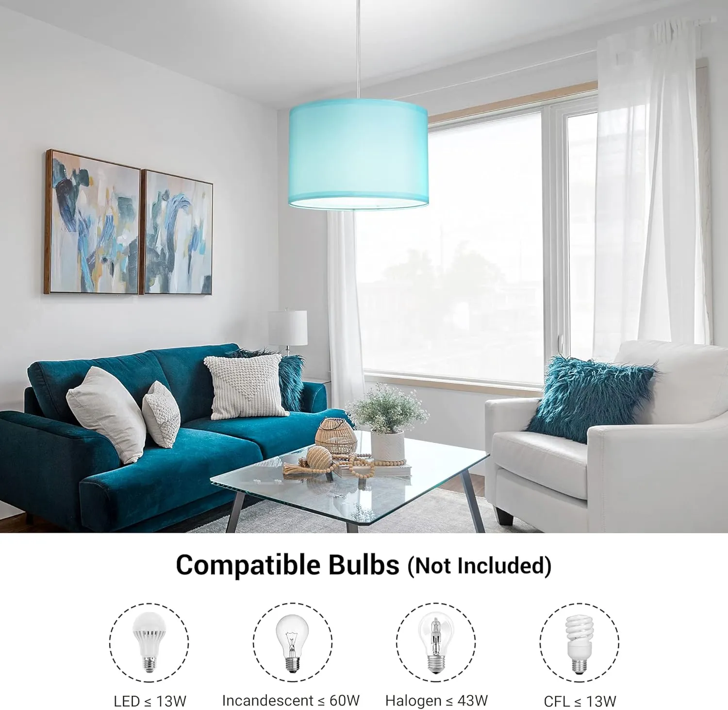 DEWENWILS Plug in Pendant Light, Hanging Light with 15Ft Clear Cord, On/Off Switch, with Blue Lampshade, Hanging Light Fixture for Bedroom, Kitchen, Living Room, Dining Table